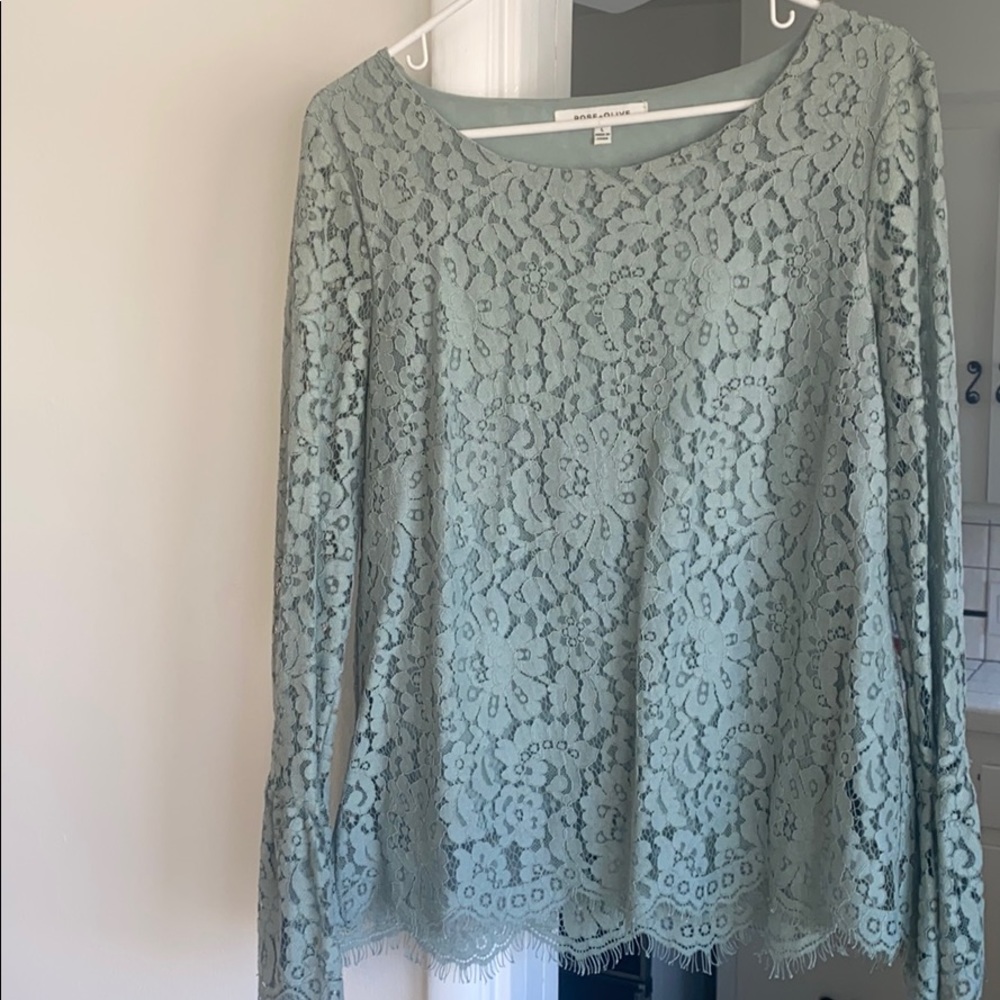 Rose + Olive pale green lace bell sleeve top